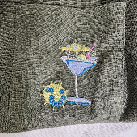 AKC Womens Top Large Green Linen Blend Embroidered Cocktails Tiki Button Pocket - Picture 6 of 10